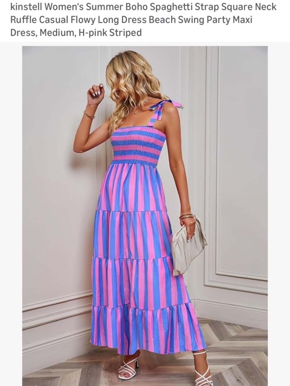 Smocked Maxi Dress in Pink & Blue Stripe with Tie Straps